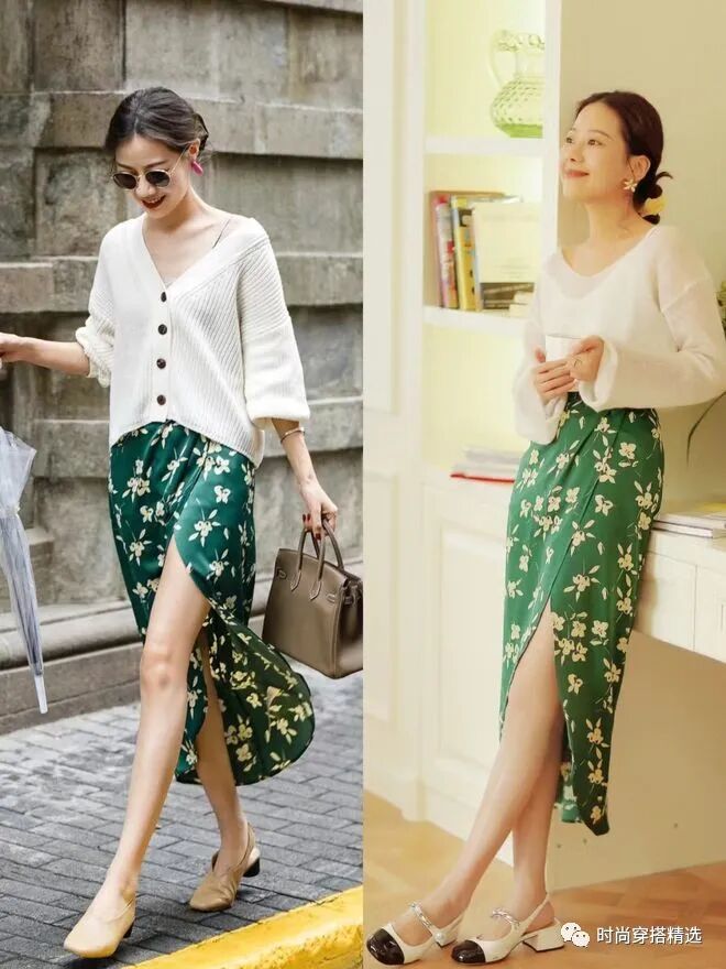 秋天穿裙子怎么搭配上衣 开叉半身裙+纯色上衣 完美展现优雅腰线(5)